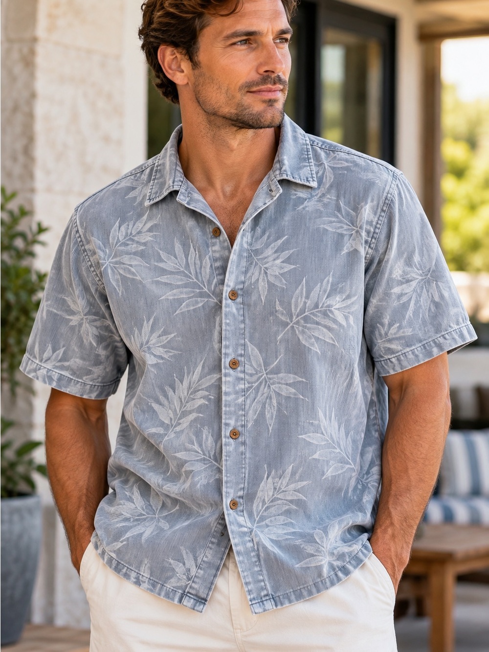 Men's Short-Sleeve Hawaiian Leaf Print Button-Down Shirt - Light Blue